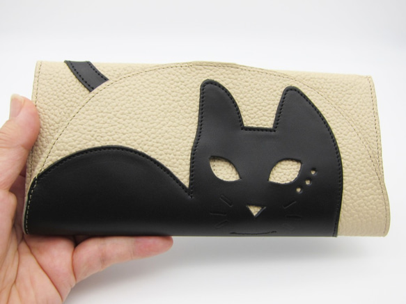 CHIGRACCI 猫デザイン長財布 「ニャレット 」ベージュ×ブラック 本革 日本製レザー 1枚目の画像