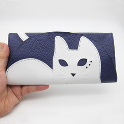 L字ファスナー長財布・猫ドット柄・ブルー・福財布・招き猫