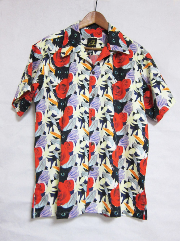 CHIGRACCI“ Nyaroha襯衫”貓圖案Aloha襯衫黑貓玫瑰貓圖案 第3張的照片
