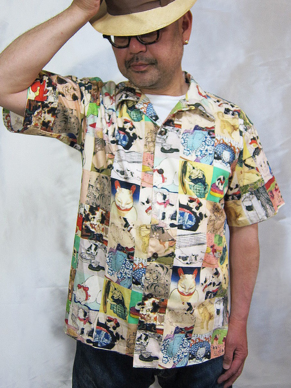 CHIGRACCI「 ニャロハシャツ 」猫柄アロハシャツ 　オリジナルプリント　浮世絵モンスターキャット柄 ニャロハシャツ