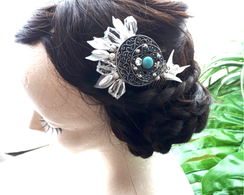 ターコイズブルーのネイティブスタイルヘアアクセサリー ヘッドドレス