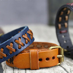 オリジナル牛革ブレスレットLeather Bracelet  ブルー Blue 4枚目の画像