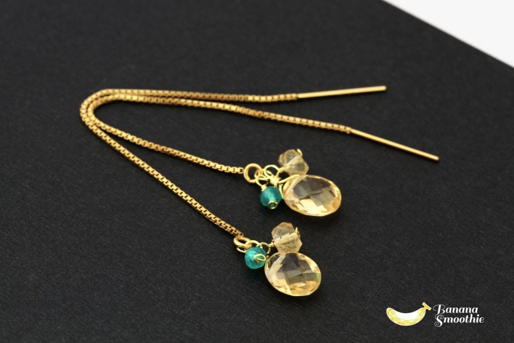 煌びやかに輝くイエロー シトリン × グリーンオニキス アメリカンピアス 14kgf 11月誕生石