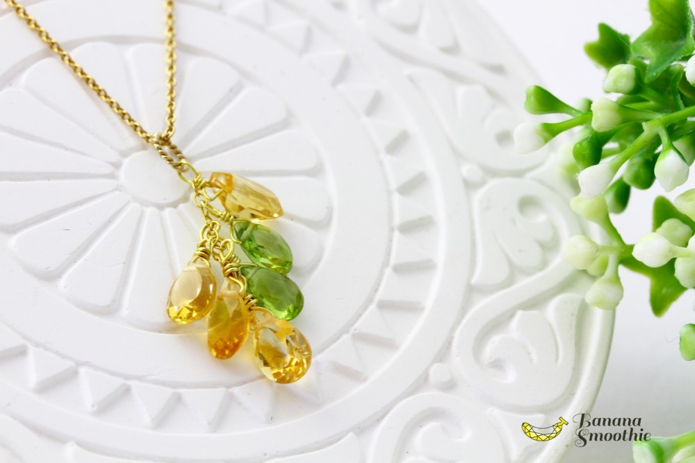 果実のようなフレッシュな輝き シトリンコンケーブ × ペリドット デザインネックレス 14kgf 11月、8月誕生石