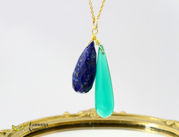 まるでおとぎ話の世界へ グリーンオニキス × ラピスラズリ 細長ドロップ 14kgfネックレス 5枚目の画像