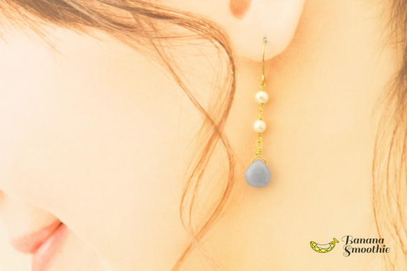 パステルブルーに包まれて エンジェライト マロンカット × 淡水パール 14kgfピアス 3枚目の画像
