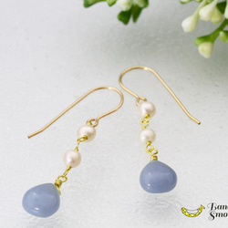 パステルブルーに包まれて エンジェライト マロンカット × 淡水パール 14kgfピアス 5枚目の画像