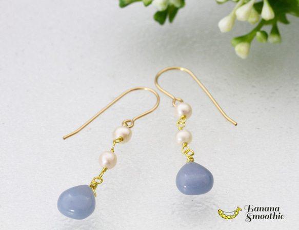 パステルブルーに包まれて エンジェライト マロンカット × 淡水パール 14kgfピアス 5枚目の画像