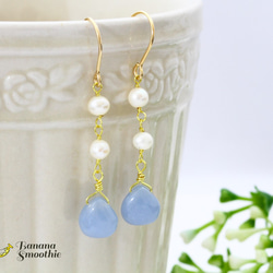 パステルブルーに包まれて エンジェライト マロンカット × 淡水パール 14kgfピアス 6枚目の画像