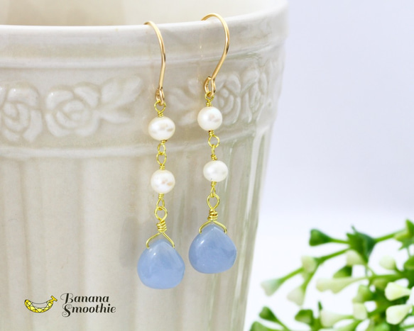 パステルブルーに包まれて エンジェライト マロンカット × 淡水パール 14kgfピアス 6枚目の画像