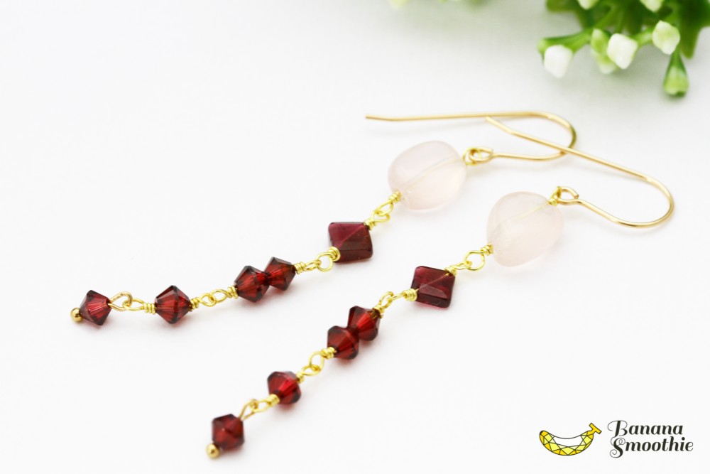 赤とピンクの競演 モザンビークガーネット × ローズクオーツ ロングピアス 14kgf 1月誕生石