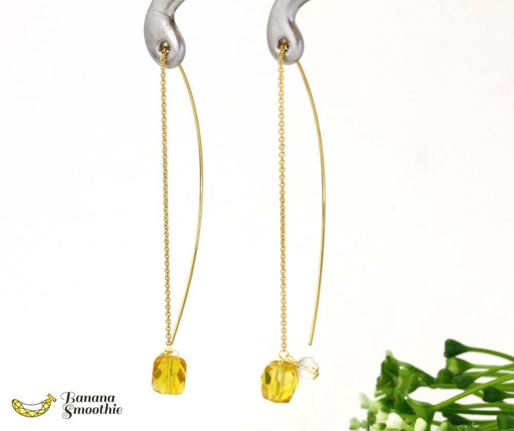 美しい飴色 シトリン ラフカット × ラウンド スパークルカーブアメリカンピアス 14kgf 11月誕生石