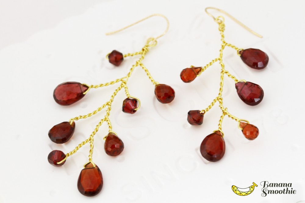 Tree's ワイヤーで作るツリーピアス ボルドー色の ガーネット の 14kgfピアス 1月誕生石