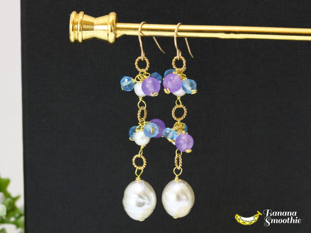 上品に煌びやかに 淡水パール × パープルジェイド・スカイブルートパーズ 14kgfピアス 6月誕生石
