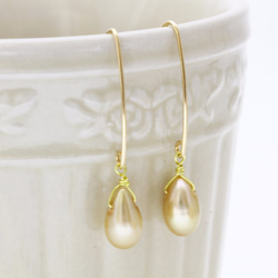 耳元から輝きを シャンパンゴールド 淡水パール 14kgf Vシェイプピアス 4枚目の画像