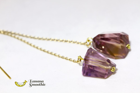 【再販】美しいバイカラー アメトリン 大粒ラフカット 14kgfアメリカンピアス 3枚目の画像