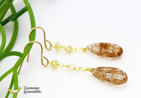 耳元からゴールドのきらめき♪大粒 宝石質 ルチルクォーツ＆シトリン プレーン 14kgfピアス 1枚目の画像