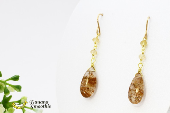 耳元からゴールドのきらめき♪大粒 宝石質 ルチルクォーツ＆シトリン プレーン 14kgfピアス 5枚目の画像