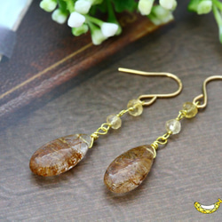 耳元からゴールドのきらめき♪大粒 宝石質 ルチルクォーツ＆シトリン プレーン 14kgfピアス 7枚目の画像