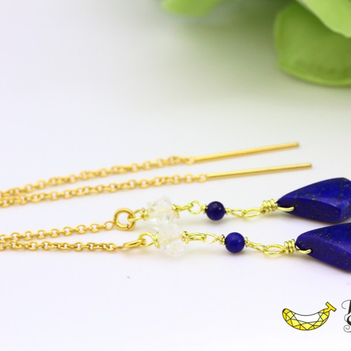 幸せをお届け ラピスラズリ 変形ひし型とハーキマーダイヤモンド 14kgf  