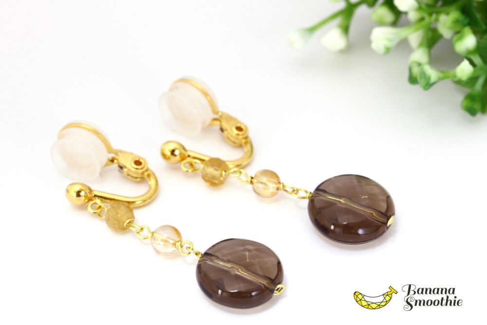 【ピアス変更可】スモーキークォーツ×ゴールデンオーラ×シトリン ソフトタッチイヤリング 4月誕生石