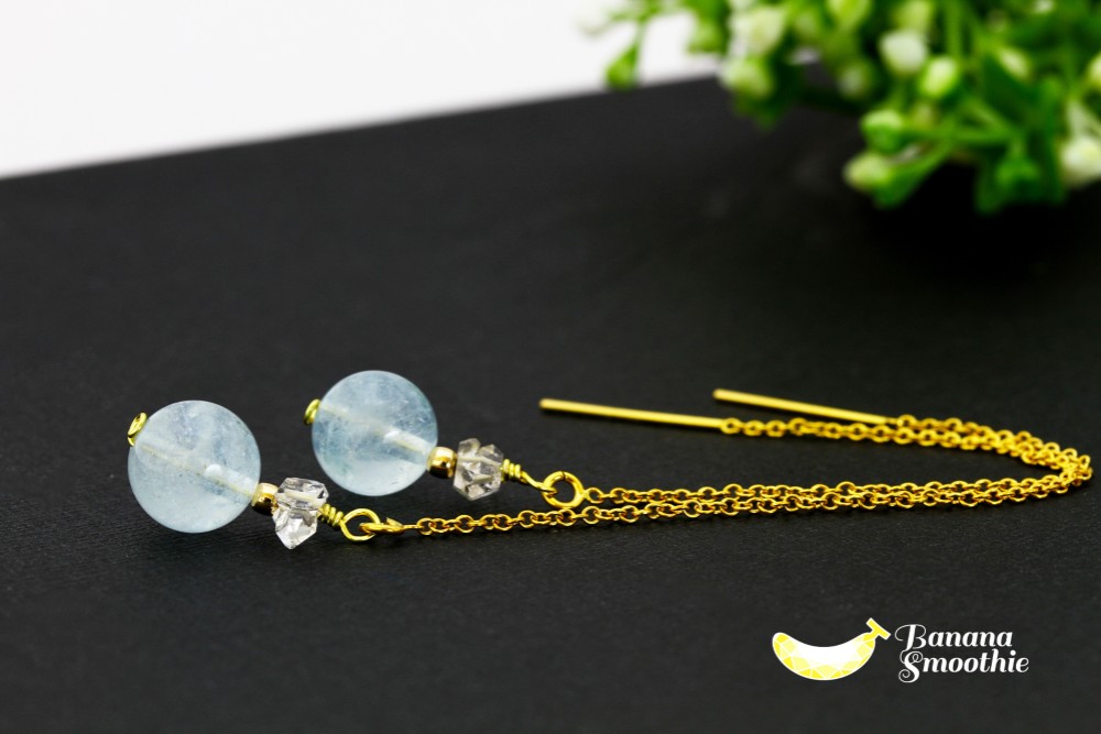 爽やかなアクアカラー 3月誕生石 アクアマリン × ハーキマーダイヤモンド 14kgf アメリカンピアス