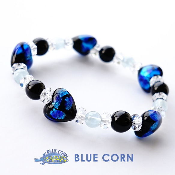 [美麗的藍色光芒] 心形螢火蟲玻璃瑪瑙和海藍寶石手鍊天然石 第5張的照片