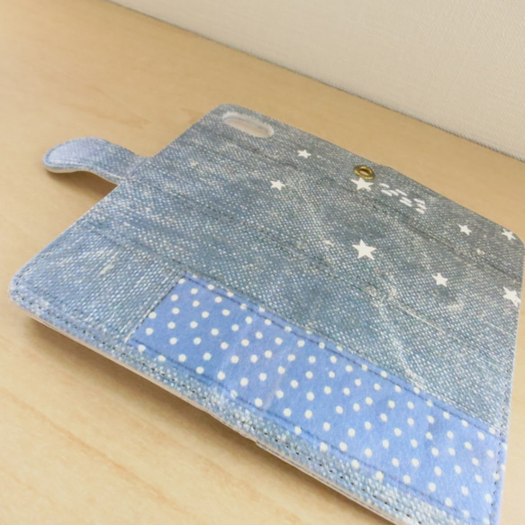 ☆全機種対応　流れ星の手帳型スマホケース　パッチワークと刺し子刺繍・スパンコール 5枚目の画像