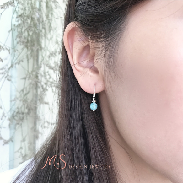 典雅碧藍 天河石 設計款手作純銀耳勾耳環 第3張的照片