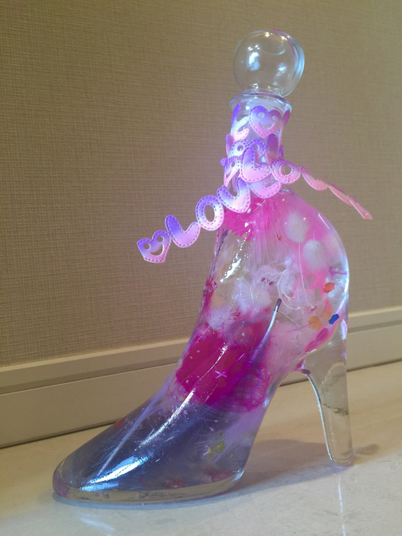 ポイント有り ハーバリウム フラワー プレゼント ギフト グレー ピンク 靴 シンデレラ ガラス 2枚目の画像