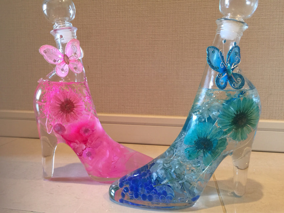 オーダー品.サンプル・ハーバリウム・ガラスの靴・ピンク・ブルー・花・フラワー・アレンジ・誕生日・ウェディング・ギフト 1枚目の画像
