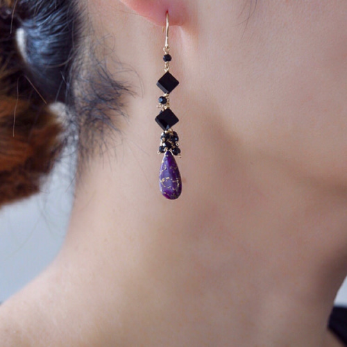 Kaya◆一点物✧パープルアゲートピアス✧14kgf パープルオイスターカッパーターコイズ ブラックスピネル ピアス k14gf