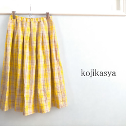 【受注製作】リネン100%スカート チェック柄が可愛い黄色のスカート 1枚目の画像