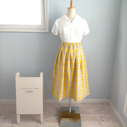 【受注製作】リネン100%スカート チェック柄が可愛い黄色のスカート 2枚目の画像