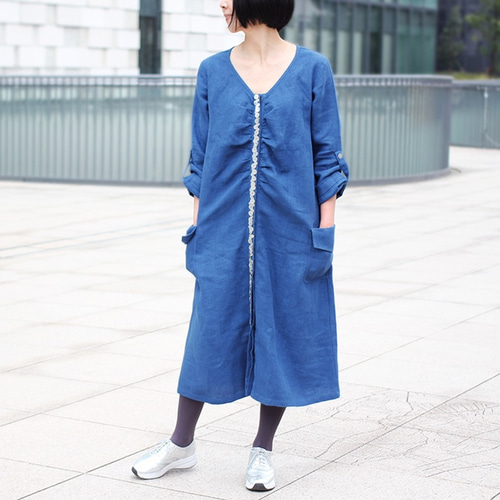 SALE☆たっぷり貝ボタンの2wayリネンワンピース【インディゴブルー  