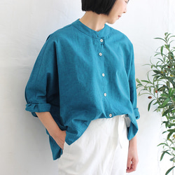 オーバル貝ボタンハーフリネンブラウス【ターコイズブルー】 ブラウス