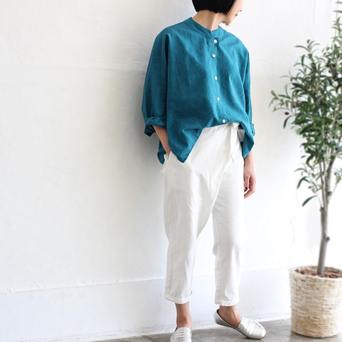 オーバル貝ボタンハーフリネンブラウス【ターコイズブルー】 ブラウス