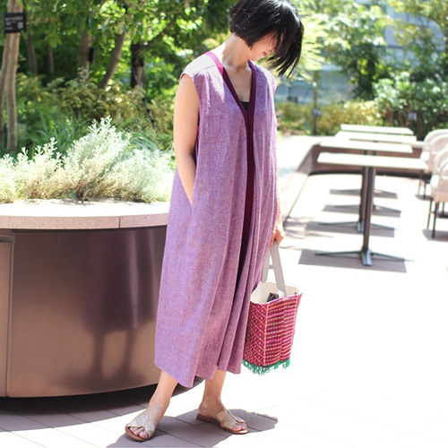 リネンシャンブレーVネック配色ワンピース【オーキッド】 ワンピース