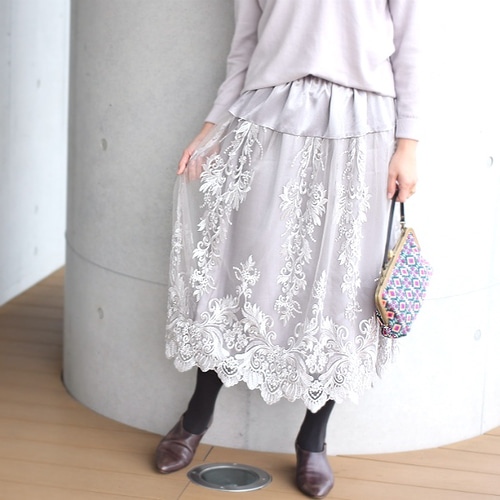 刺繍チュールレーススカート【シルバーグレー】 ロングスカート  