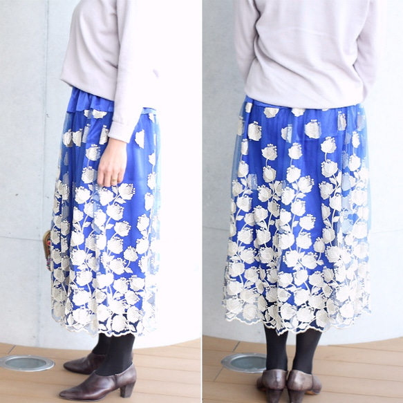 刺繍チュールレーススカート【ブルー】 4枚目の画像