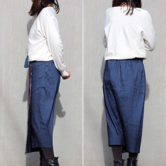 手織り生地切り替えラップタイトスカート【ネイビーL】 3枚目の画像