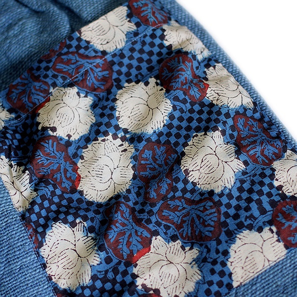 SALE＊ブロックプリントポケットの手織り綿パンツ【インディゴブルー】総裏地付き 8枚目の画像