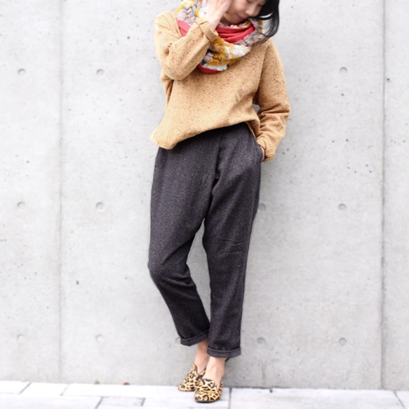 ウールテーパードラップサルエルパンツ【チャコールブラウン】 ロング  