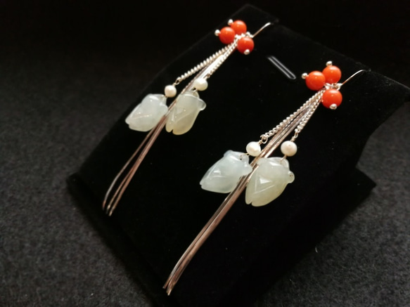 ☆Sweet Apple☆Designer Natural Jadeシルバーデザインピアス 3枚目の画像