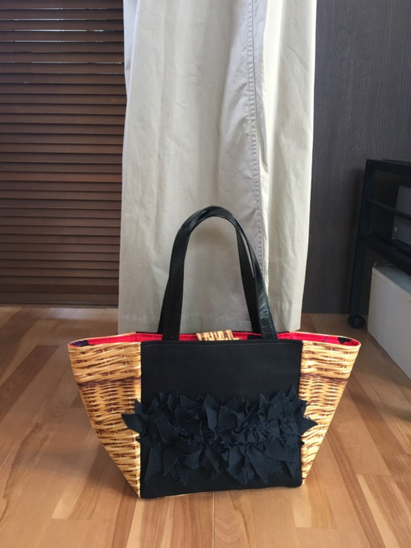 バスケット柄転写プリント✖黒帆布のマルシェ風トートbag 5枚目の画像