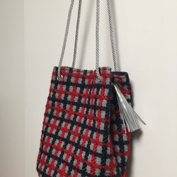 ネイビー＆レッド＆シルバー：Woolチェックの船底巾着bag 2枚目の画像