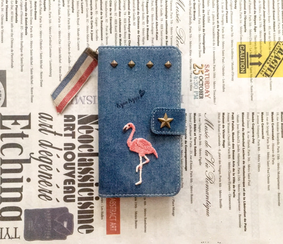 ＜再販＞デニム生地 Flamingo star by Denim Loverハンドメイド 1枚目の画像