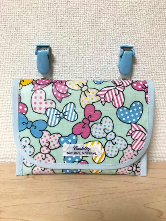 再販♡ラミネート移動ポケット♡リボン&ハート♡ミントグリーン♡水色パイピング 1枚目の画像