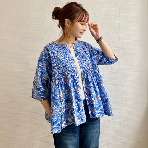 【2枚限定】売れ筋商品|||ブラウス　ブルー　涼しい　ブロックプリント　ハンドメイド　インド綿 着るストレスゼロ】ブラウス インド綿 ブロックプリント 手作り
