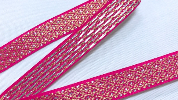 インド　金糸織りテープ　ドット柄　マゼンダピンク  (長さ1m単位) 2枚目の画像